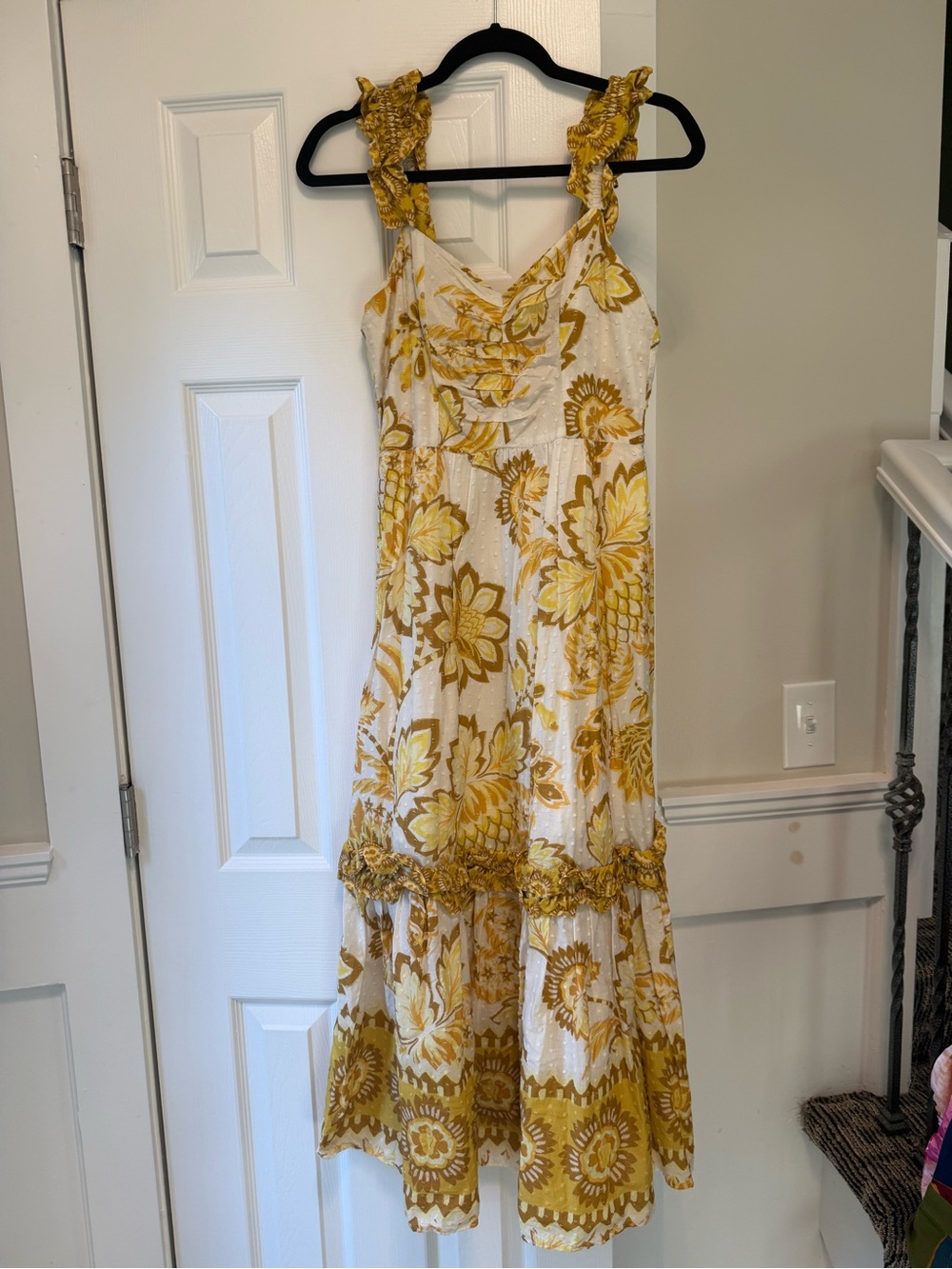 Farm Rio Aura Floral Midi Dress Ruffled Straps White And Yellow Medium EC1